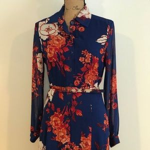 New York and Company Blue Long Sleeve Dress w belt